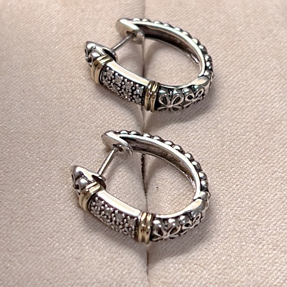 Sparkle in these Sterling Silver & Diamond Hoop Earrings with 14k Gold accents. - Picture 4 of 7